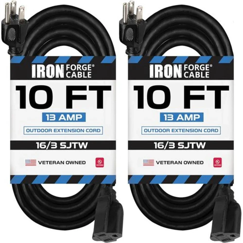 2 Pack Outdoor Extension Cord 10 ft, 16/3 SJTW Heavy Duty Black Extension Cord